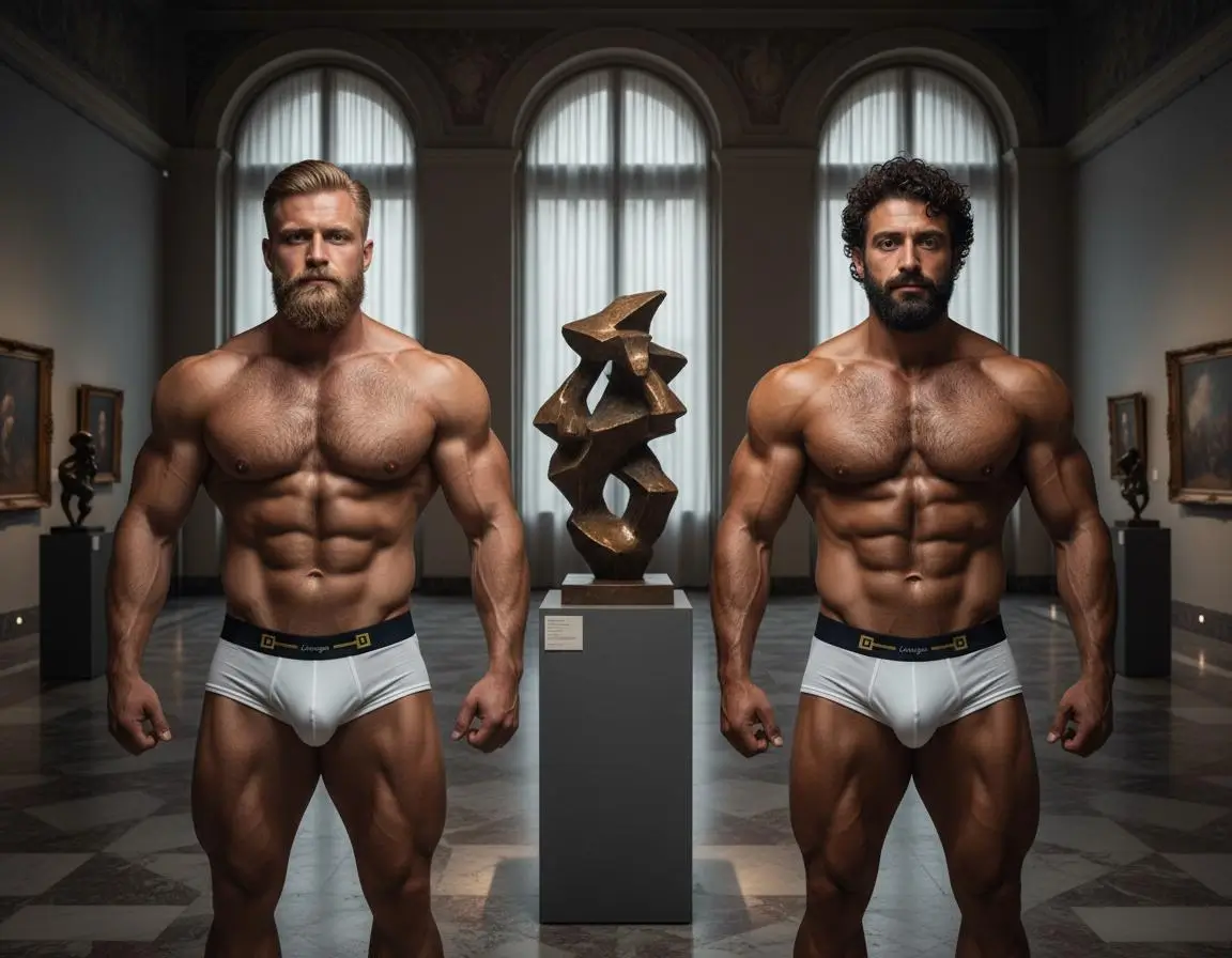 Two Itailan security guards in their underwear in an art gallery