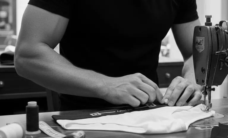 man waering black t-short at sewing machine