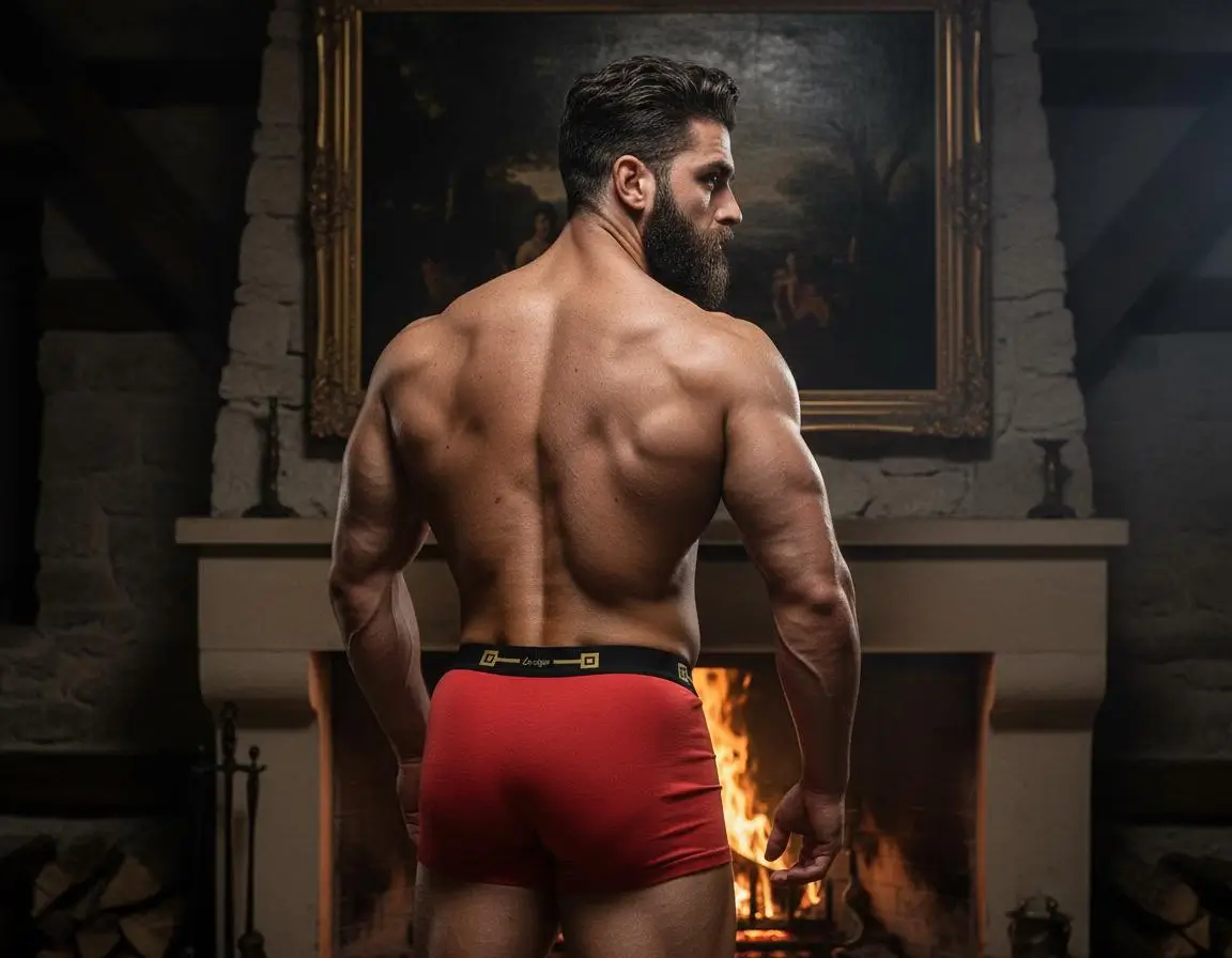 Muscualr Italian in his underwear standing at the fireplace